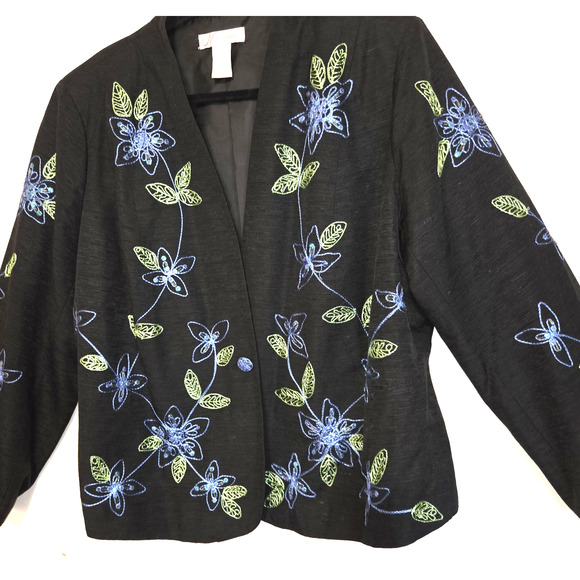VTG Silk Embroidered Floral Black Jacket Top Plus 2X Sequins Artsy Art To Wear - Picture 6 of 16